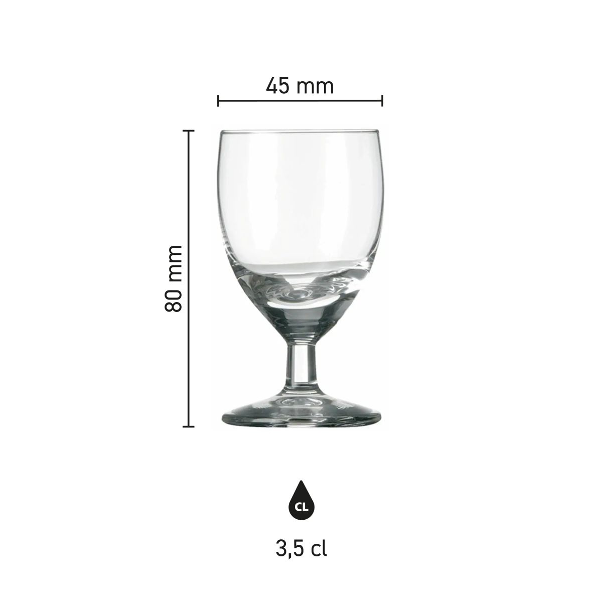 Infographic met maatvoering van borrelglas Gilde 6 cl. inclusief hoogte en diameter.