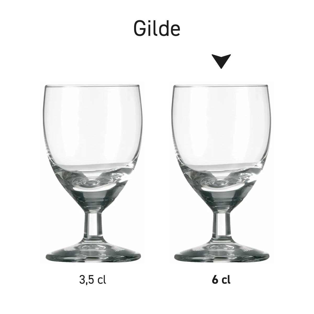 Serie borrelglazen Gilde in helder glas, opgesteld met verschillende inhouden.