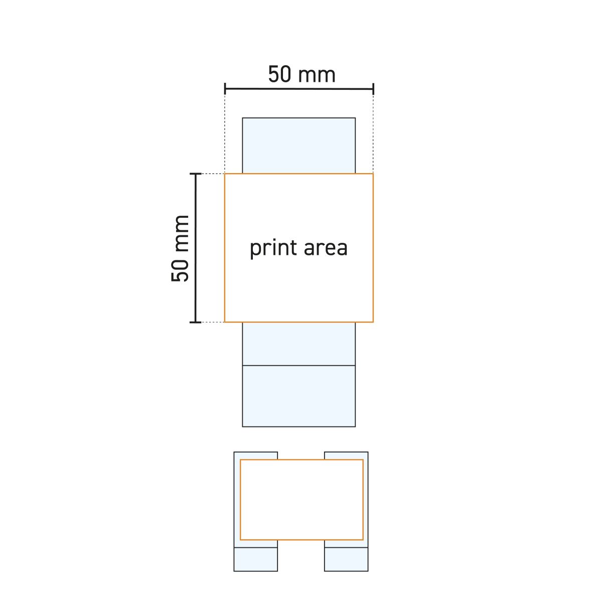Technische werktekening van borrelglas  Islande 6,5 cl. met aanduiding van het drukgebied op het glas.