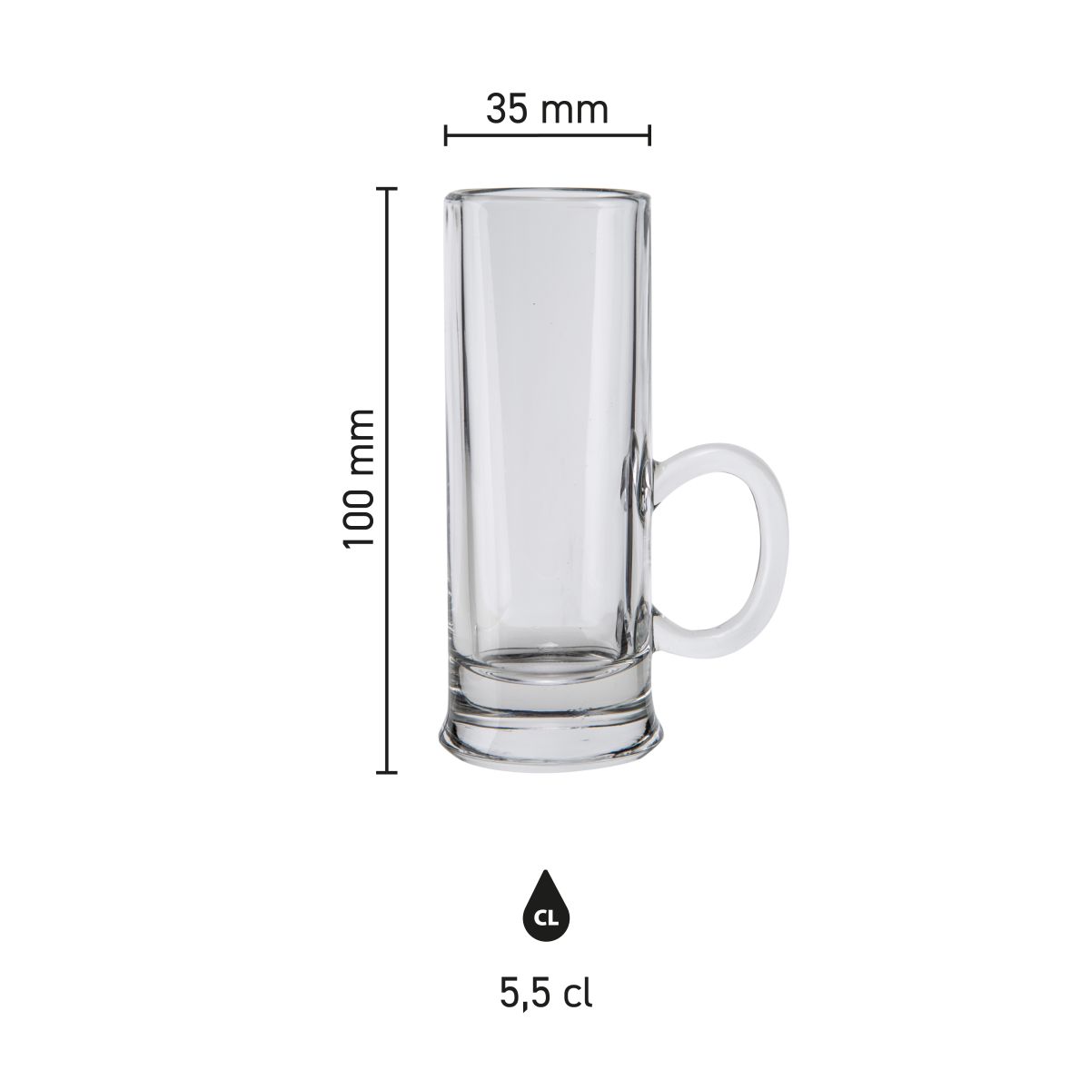 Infographic met maatvoering van Islande borrelglas met oor 5,5 cl, inclusief hoogte en diameter.