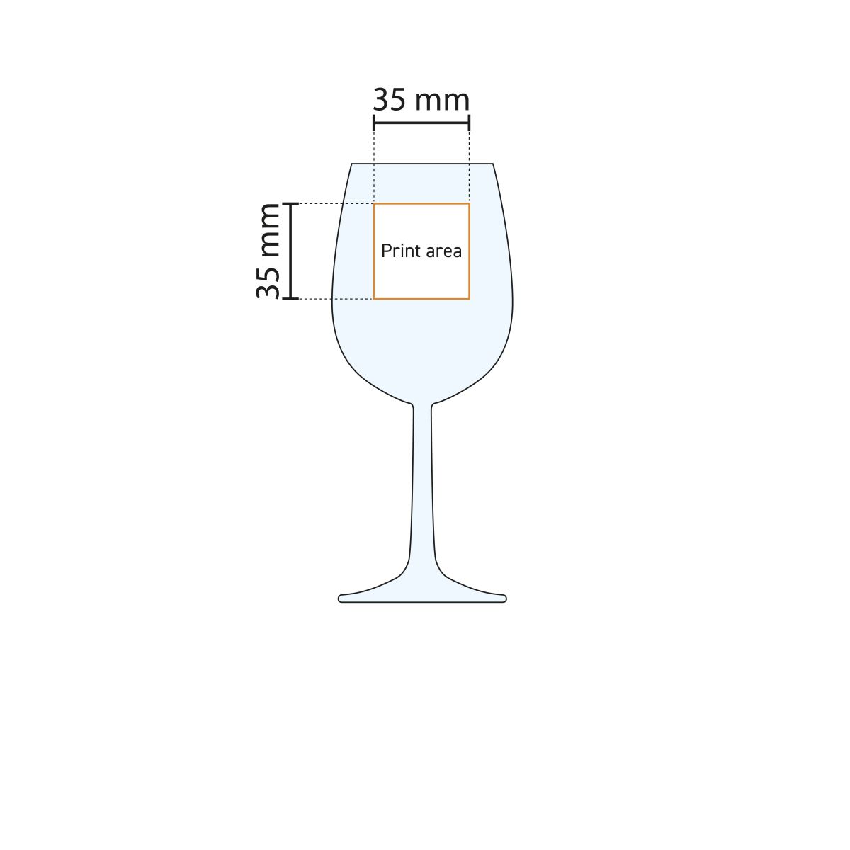 Drukgebied met maatverdeling op Bouquet champagneflute 17 cl. in technische tekening.