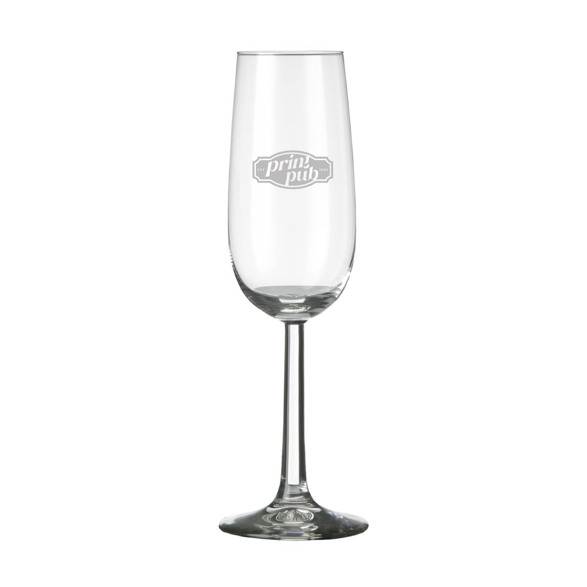 Bouquet champagneflute 17 cl. met fijn gegraveerd PrintPub-logo op de voorzijde.