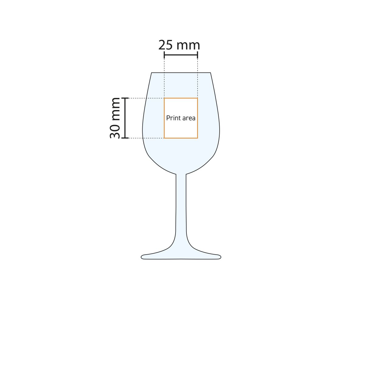 Drukgebiedweergave voor logo-opdruk op het Bouquet portglas 14 cl. in werktekening.