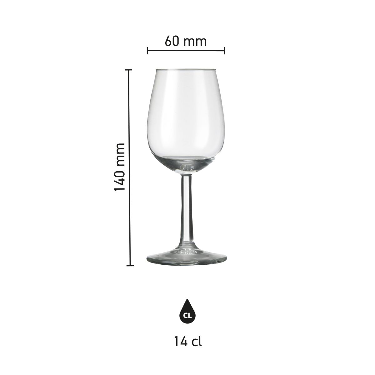 Infographic met glasafmetingen van Bouquet portglas 14 cl.