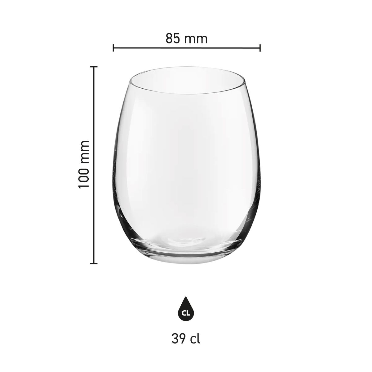 Infographic met productafmetingen van het Bouquet Tumbler glas van 39 cl, inclusief hoogte en breedte.