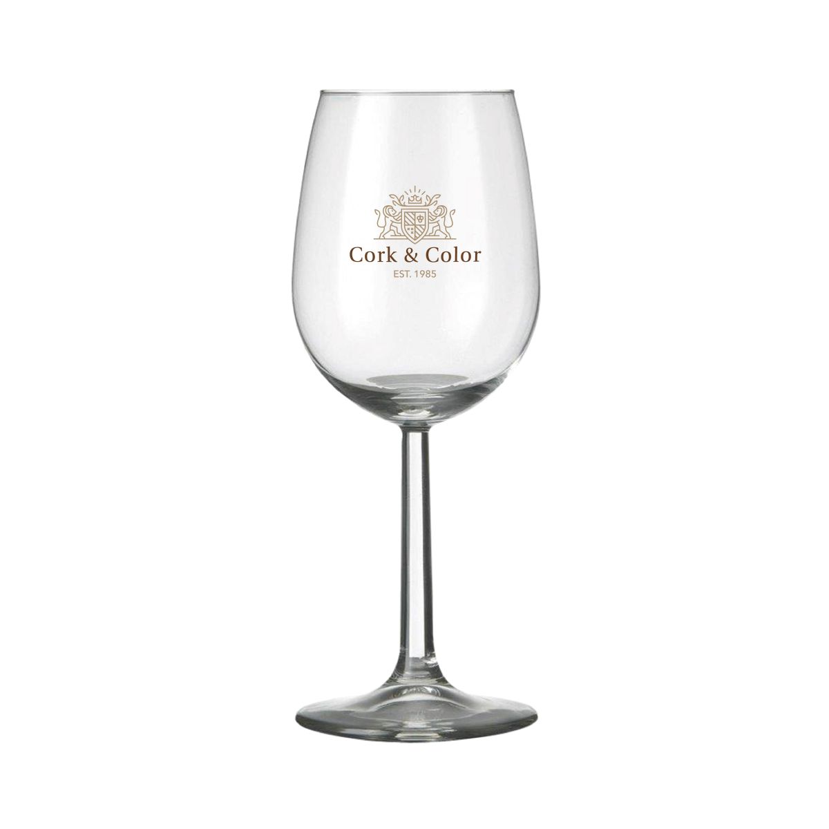 Voorzijde van Bouquet wijnglas 29 cl. bedrukt met meerkleurig CorkColor-logo.