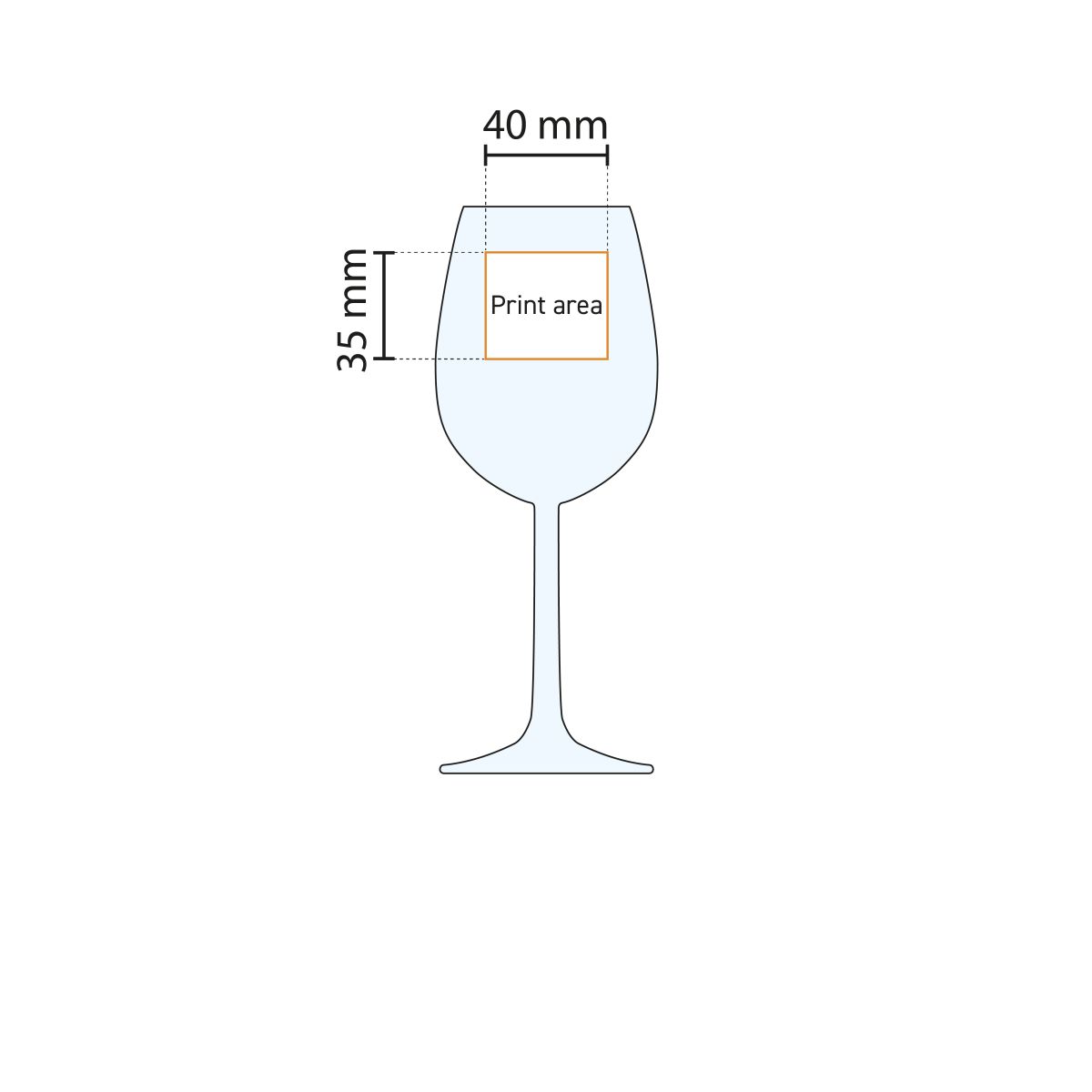 Technische werktekening met aanduiding van het drukgebied op het Bouquet wijnglas 35 cl.