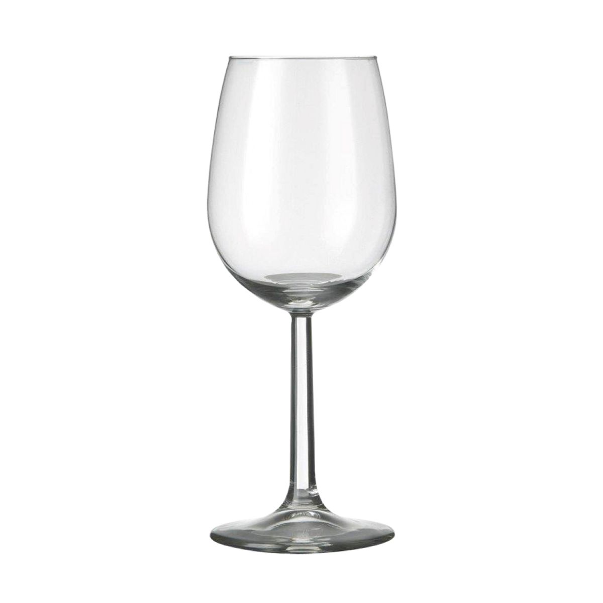 Heldere vooraanzichtfoto van een klassiek Bouquet wijnglas 35 cl. van transparant glas.