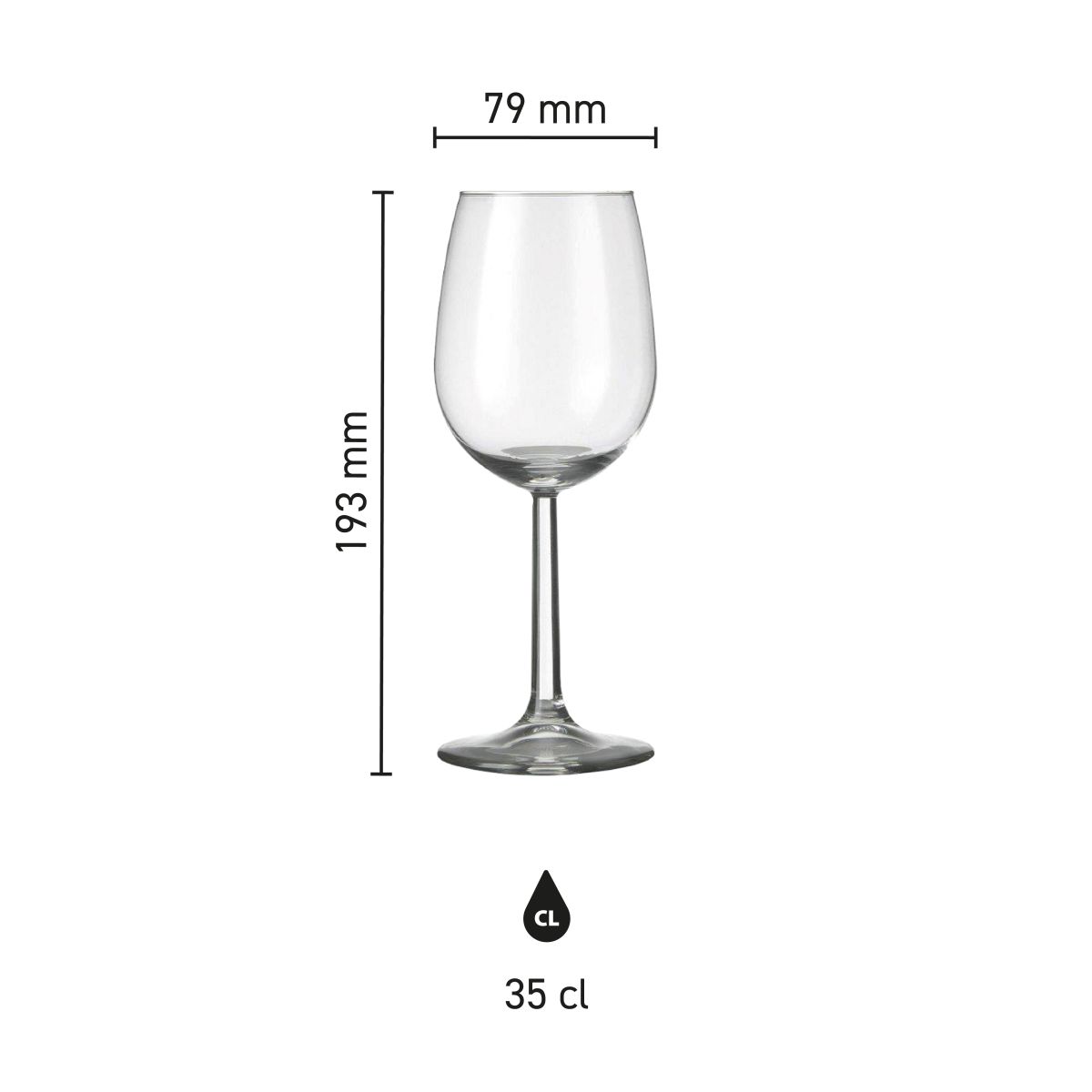 Infographic met afmetingen van Bouquet wijnglas 35 cl. in glas, met hoogte en diameter.