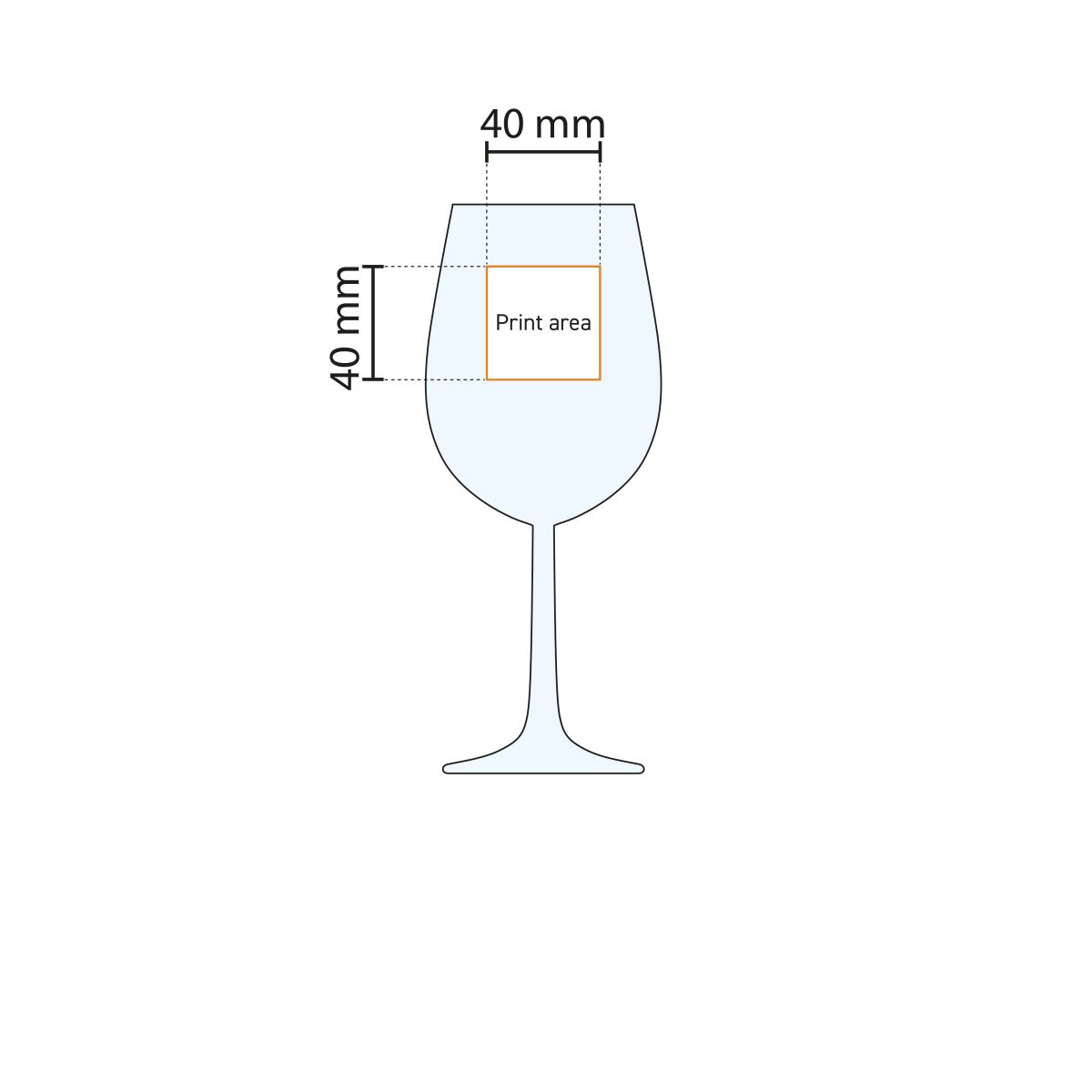 Drukgebiedweergave van het Bouquet wijnglas 45 cl., met exacte positionering van bedrukking.