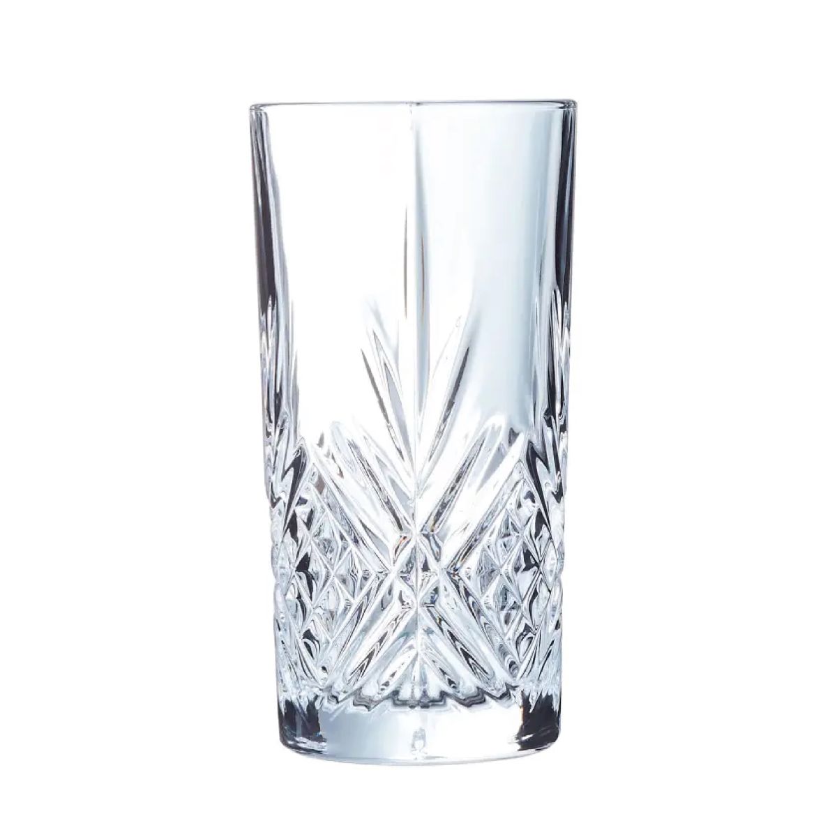 Vooraanzicht van het Broadway Longdrinkglas 28 cl. glas met cilindervorm en transparante afwerking.