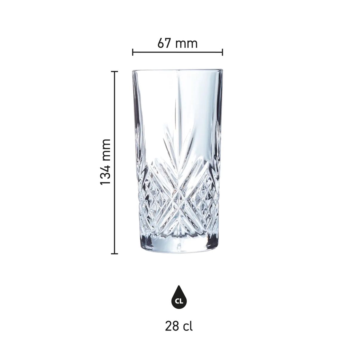 Infographic van het Broadway Longdrinkglas 28 cl. met aangegeven hoogte en diameter.