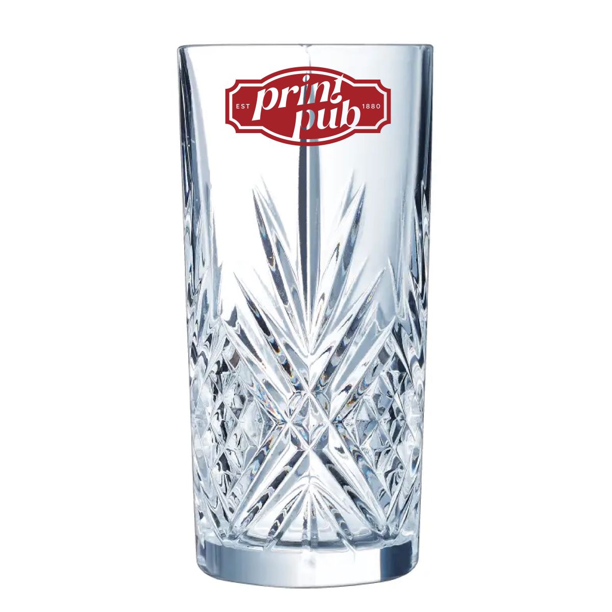 Broadway longdrinkglas 38 cl. met enkelkleurig PrintPub-logo aan voorzijde, op helder glas.