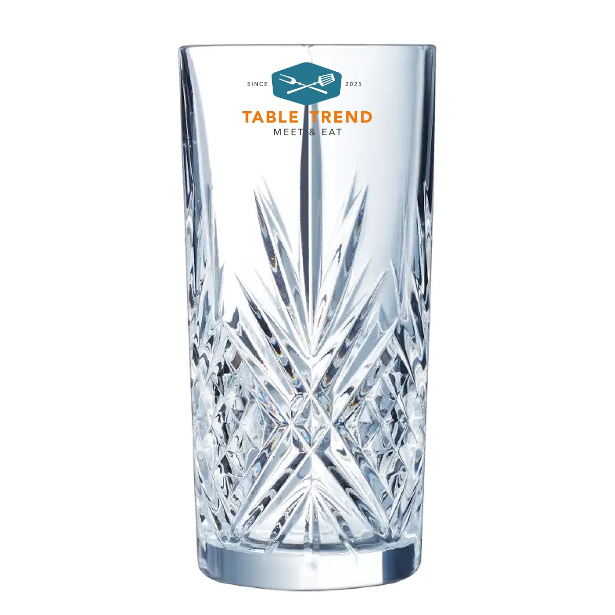 Broadway longdrinkglas 38 cl. bedrukt met meerkleurig TableTrend-logo aan de voorkant van het glas.