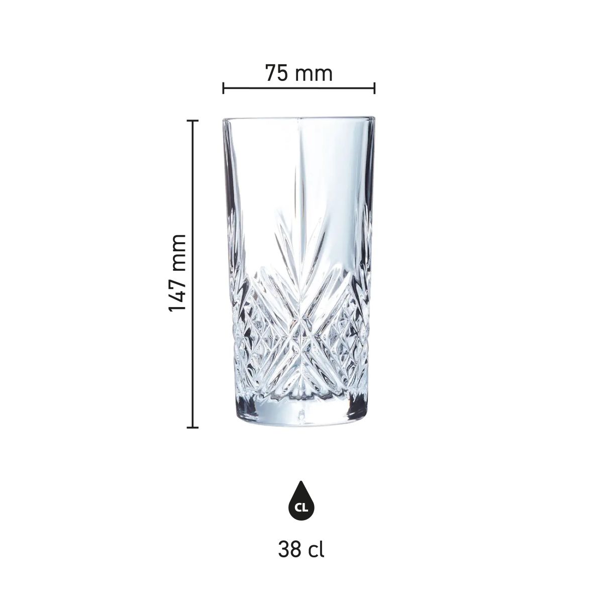 Infographic met afmetingen van Broadway longdrinkglas 38 cl., weergegeven in millimeters.