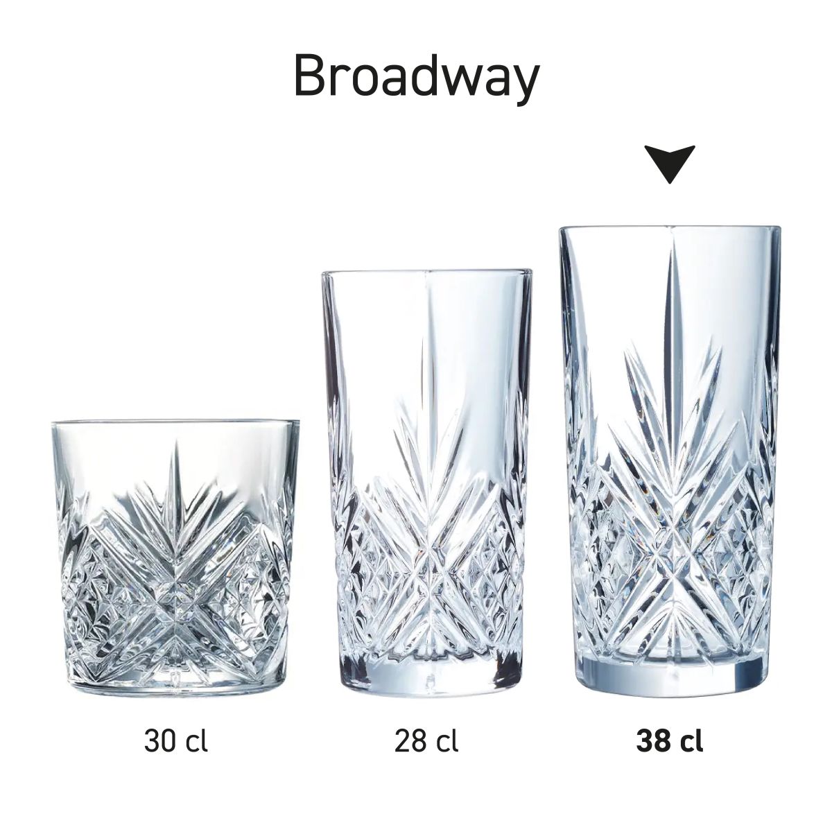 Serie Broadway longdrinkglazen in gelijke opstelling als serie getoond.