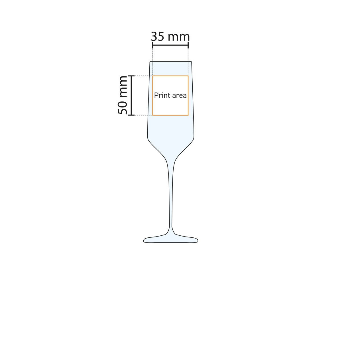 Technische werktekening van drukgebied op Carre champagneflute 22 cl. voor bedrukking.