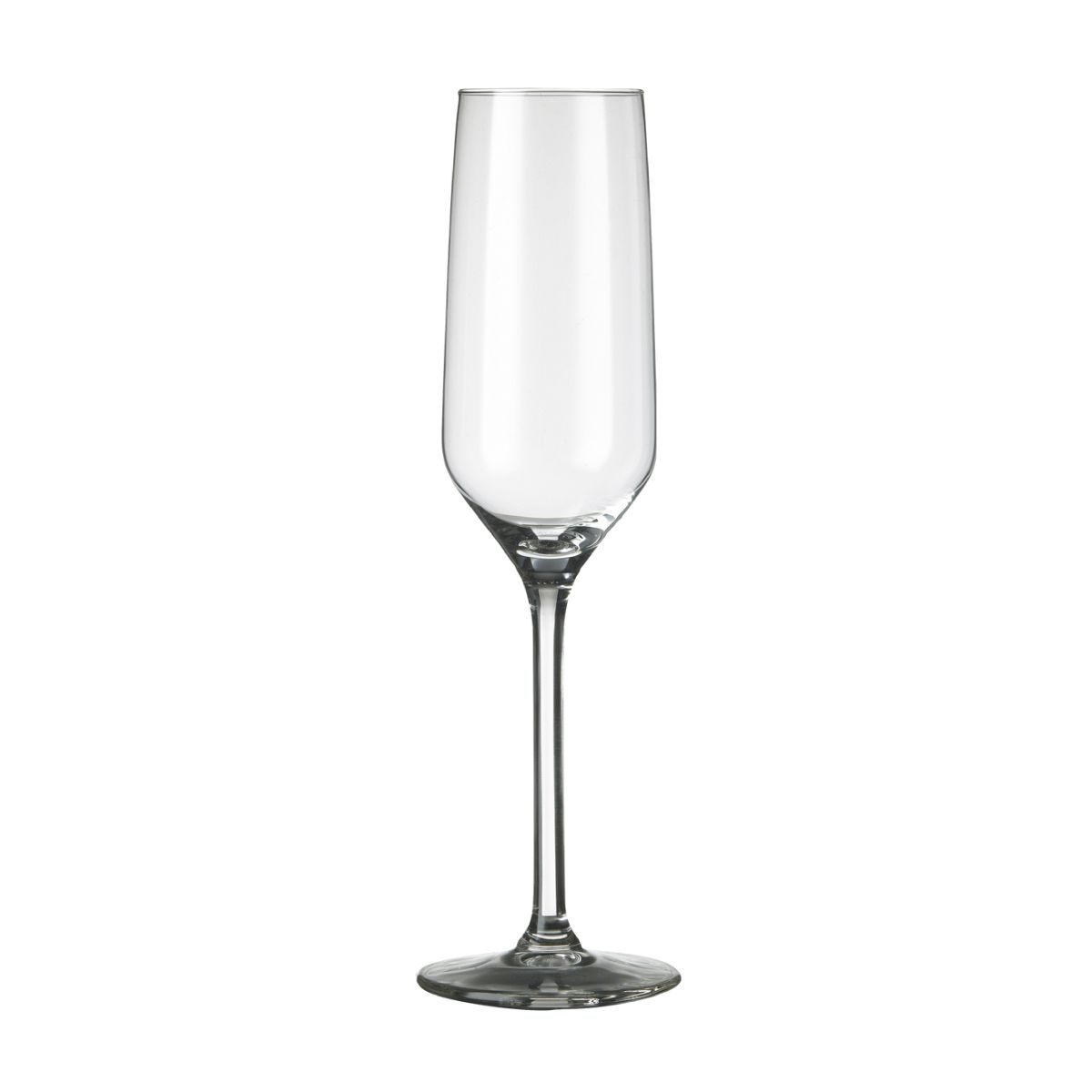 Vooraanzicht van de Carre champagneflute 22 cl., een slank glas van helder glaswerk.