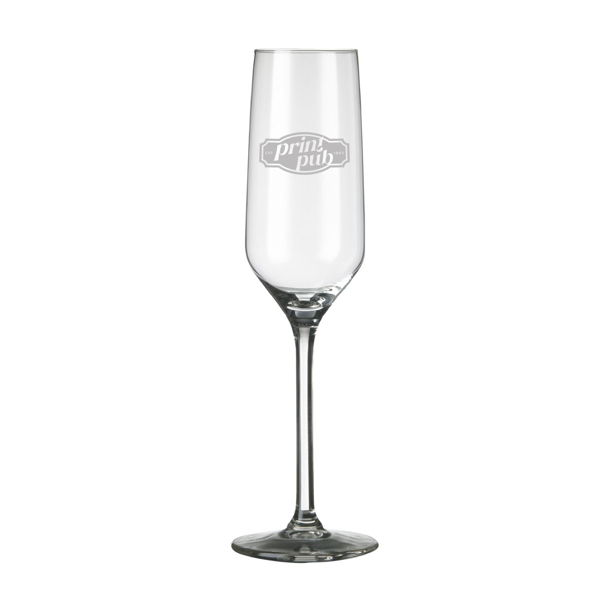 Carre champagneflute 22 cl. met gegraveerd PrintPub-logo in het glasoppervlak.