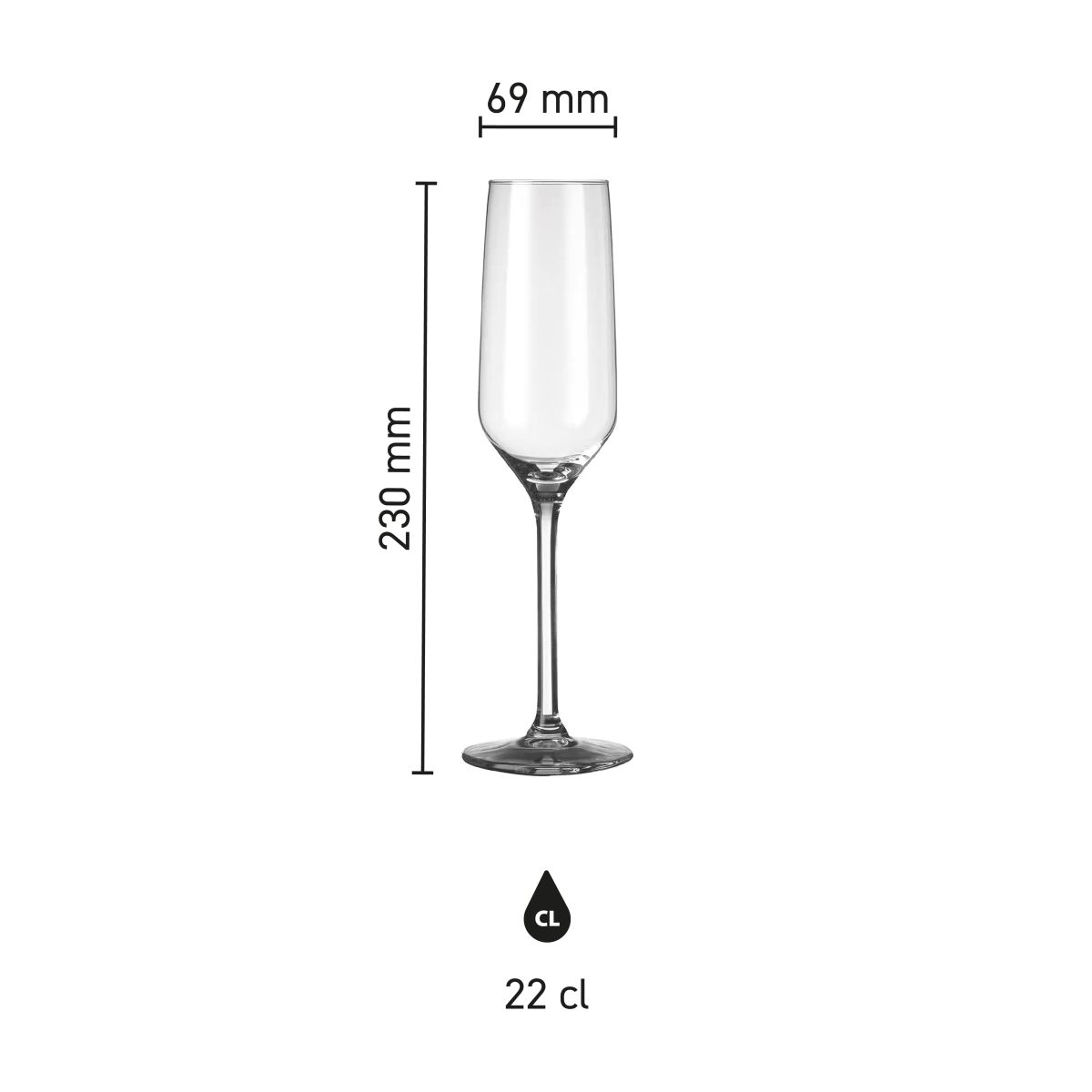 Schematische infographic van het Carre champagneglas 22 cl. met afmetingen en vorm.