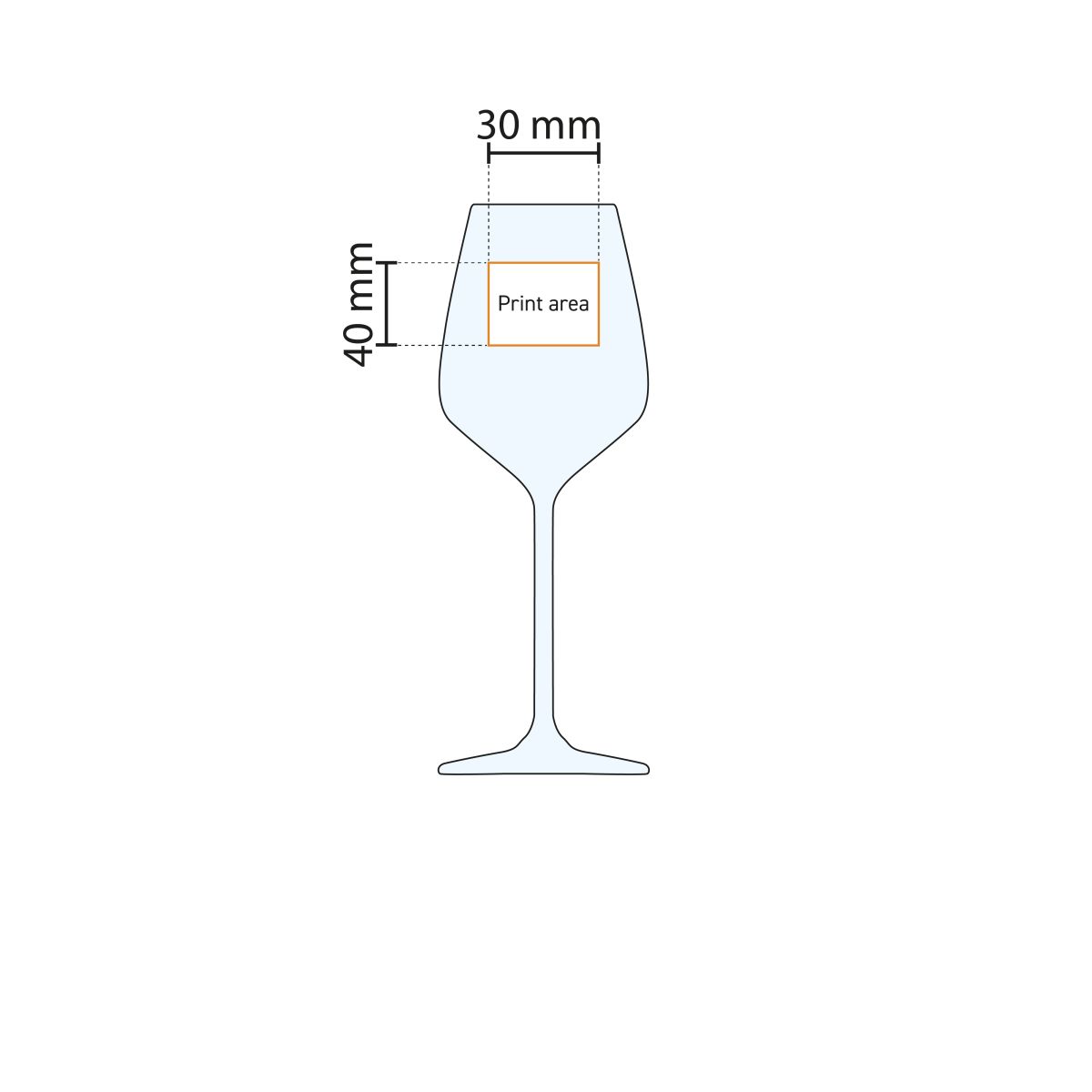 Technische tekening van Carre wijnglas 29 cl. met markering van het drukgebied.