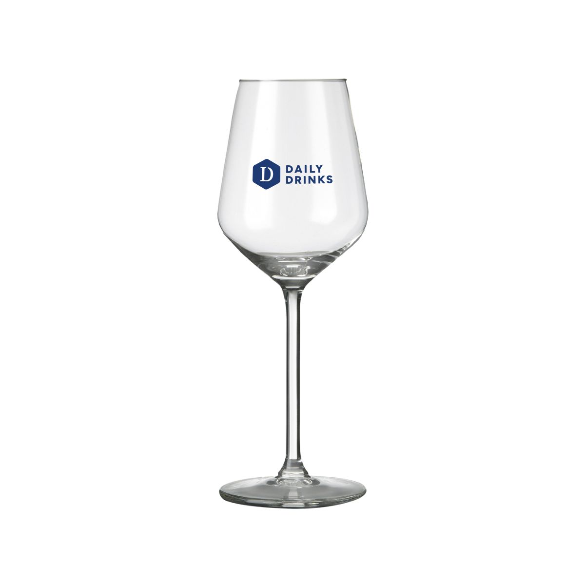Carre wijnglas 29 cl. bedrukt met een enkelkleurig DailyDrinks-logo aan de voorzijde.