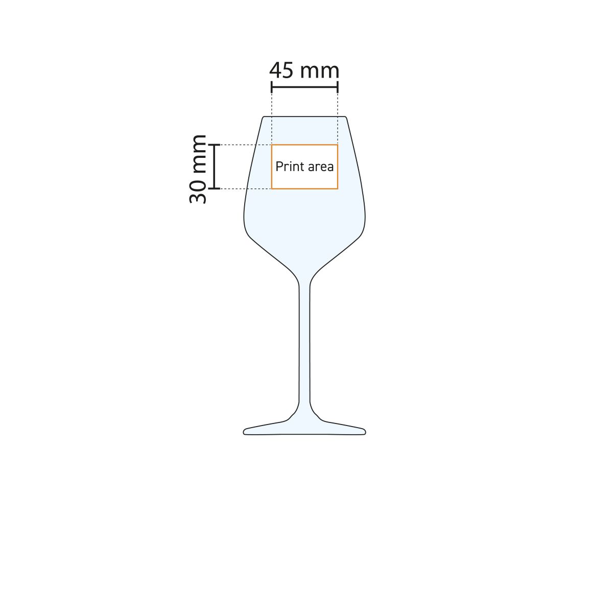 Illustratie van het drukgebied op Carre wijnglas 38 cl. met aanduiding voor logopositie.