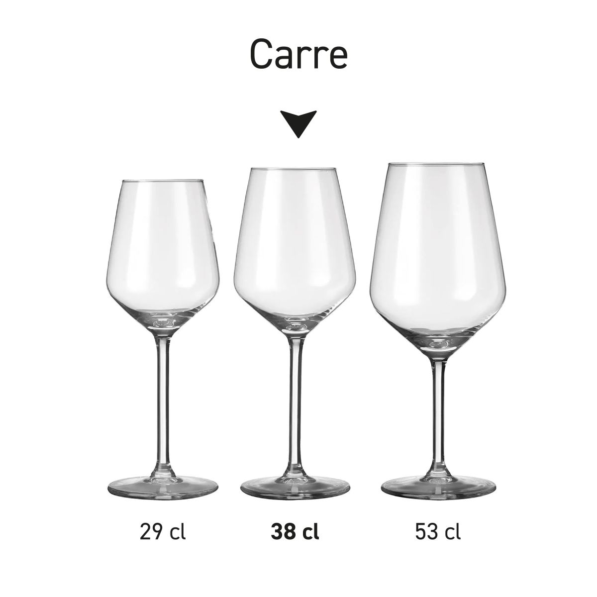 Serie-afbeelding van Carre wijnglazen naast elkaar als overzicht van variaties.