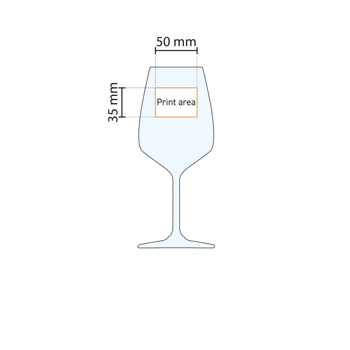 Drukgebiedweergave van het Carre wijnglas 53 cl. met markering voor logopositie.