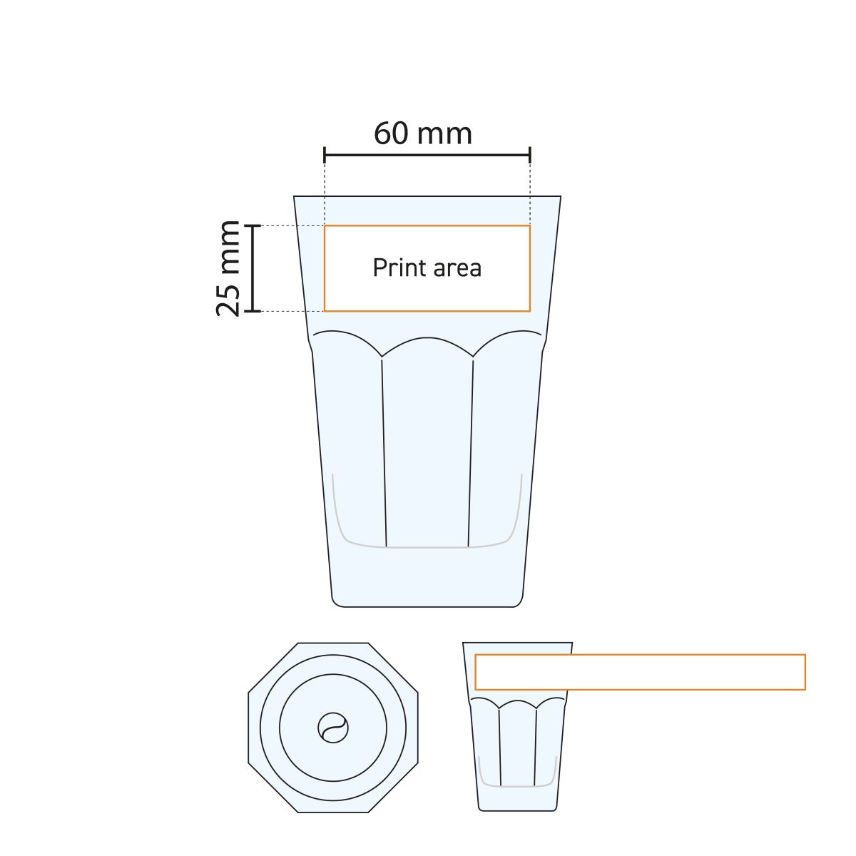 Casablanca Longdrink glas 35,5 cl. met drukgebied visueel weergegeven in technische werktekening.