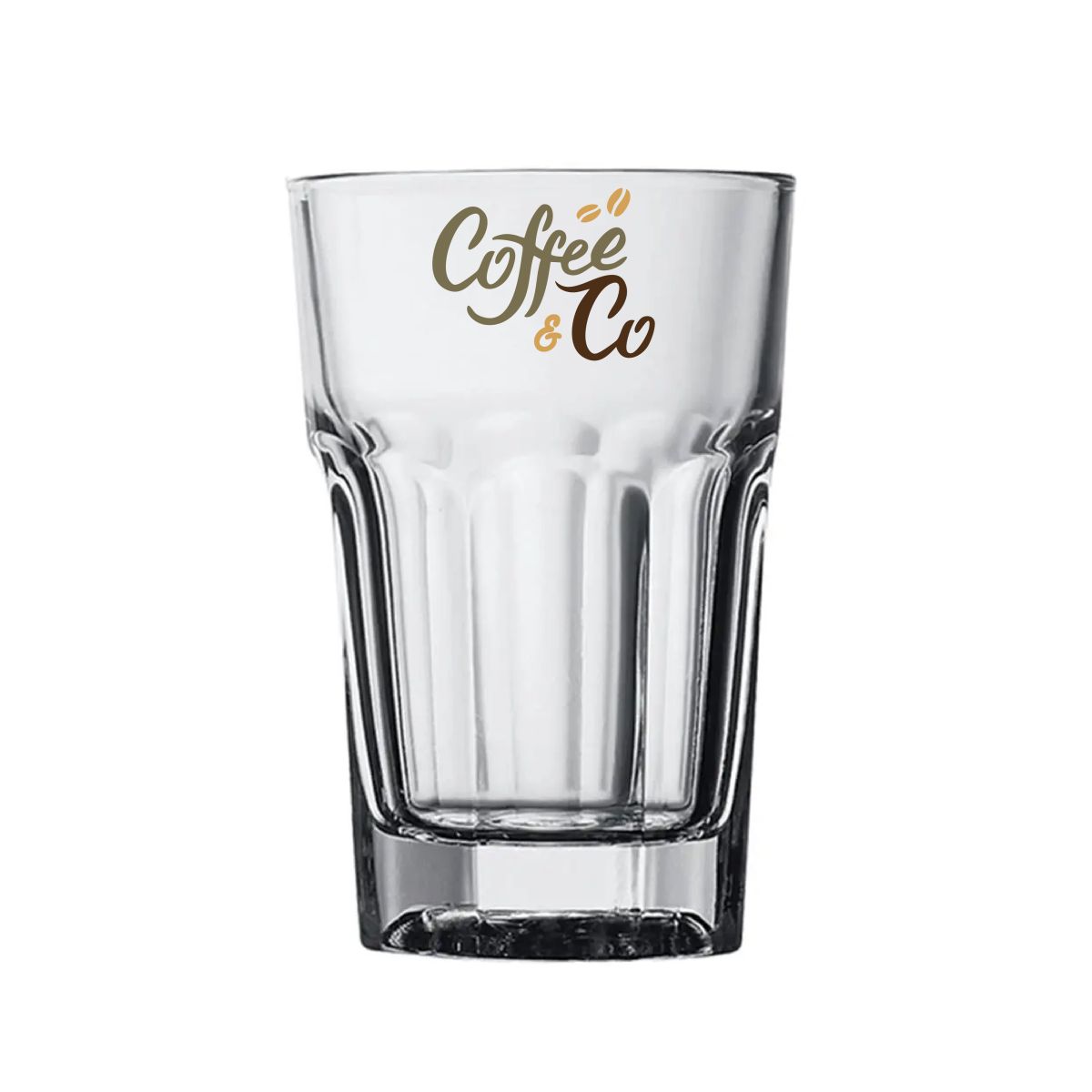 Glas van 35,5 cl. met meerkleurige logo-opdruk van CoffeeCo aan de voorkant zichtbaar.