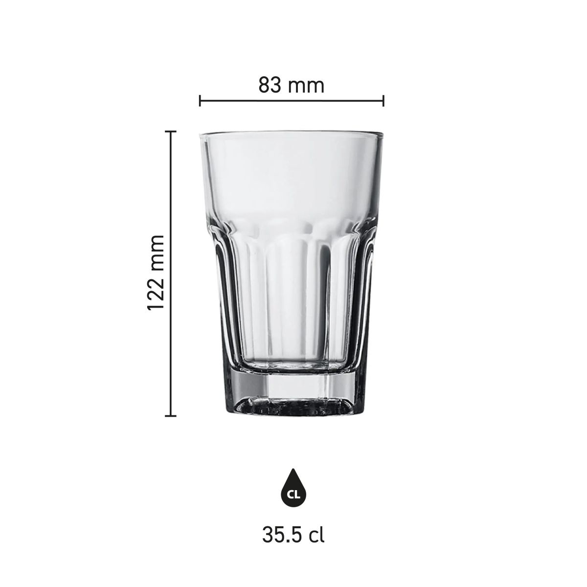 Infographic toont de afmetingen van het Casablanca Longdrink glas 35,5 cl. in millimeters.