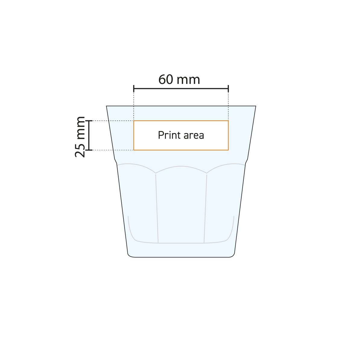 Casablanca Rocks glas 20,8 cl. met aanduiding van het drukgebied in een technische werktekening.