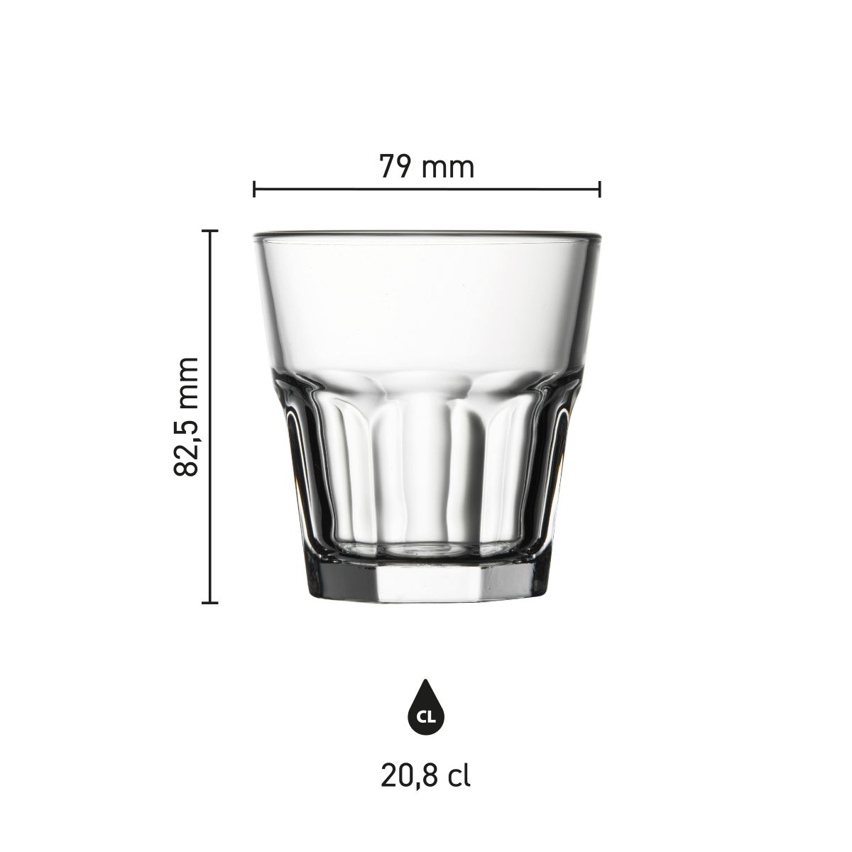 Infographic toont de afmetingen van het Casablanca Rocks glas 20,8 cl. in overzichtelijke weergave.
