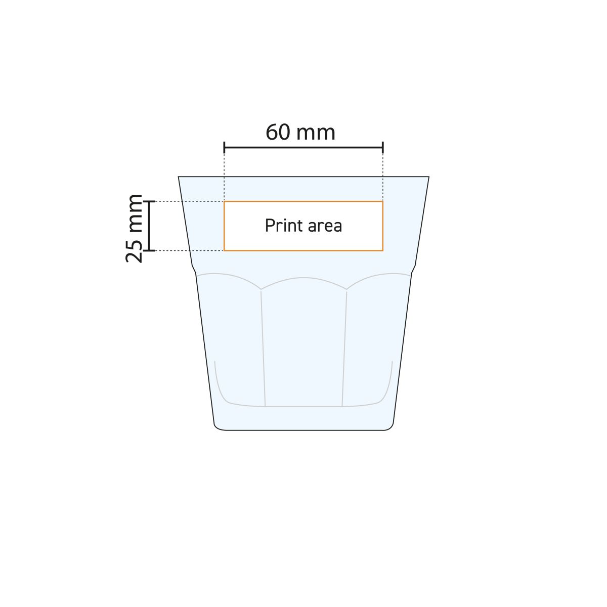 Casablanca Rocks glas 24,5 cl. met drukgebied aangeduid in technische werktekening voor logopositie.