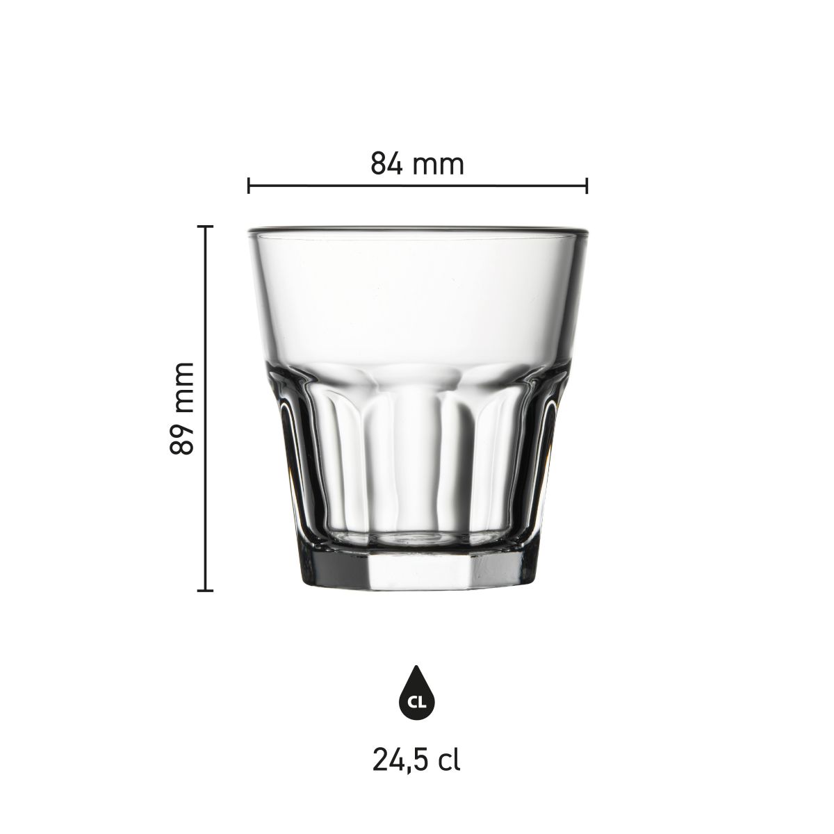 Infographic toont glasafmetingen van Casablanca Rocks 24,5 cl. met maatlijnen en schaal.