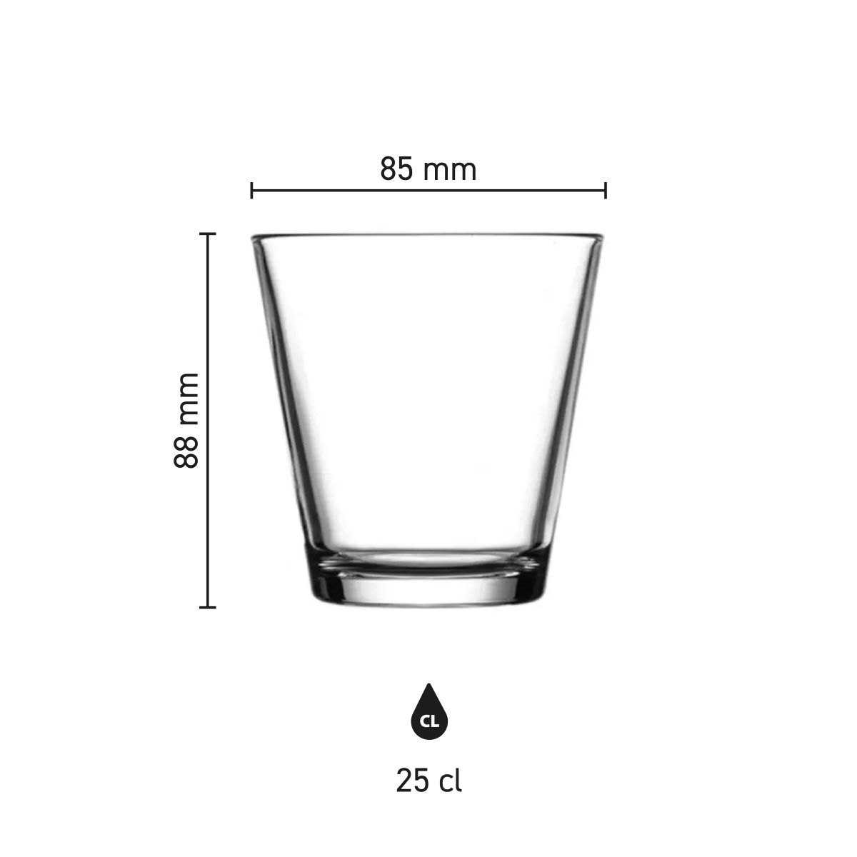 Technische infographic met productafmetingen van het City glas 25 cl in millimeters.
