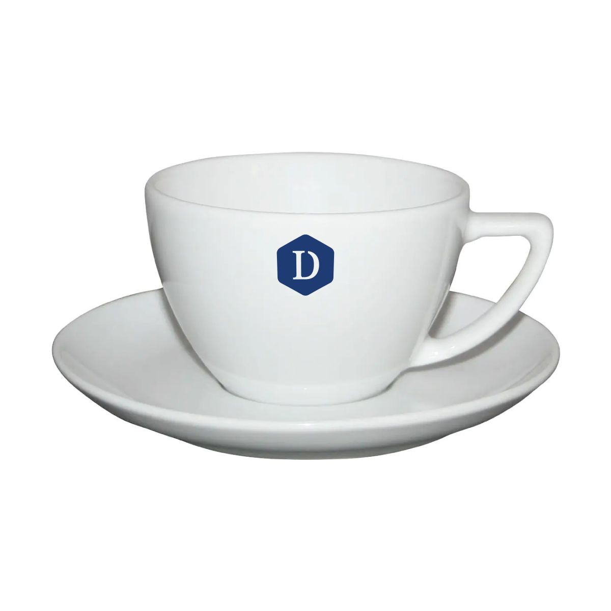 Voorzijde van cappuccinokop uit 20 cl. SET, bedrukt met éénkleurig DailyDrinks-logo op porselein.