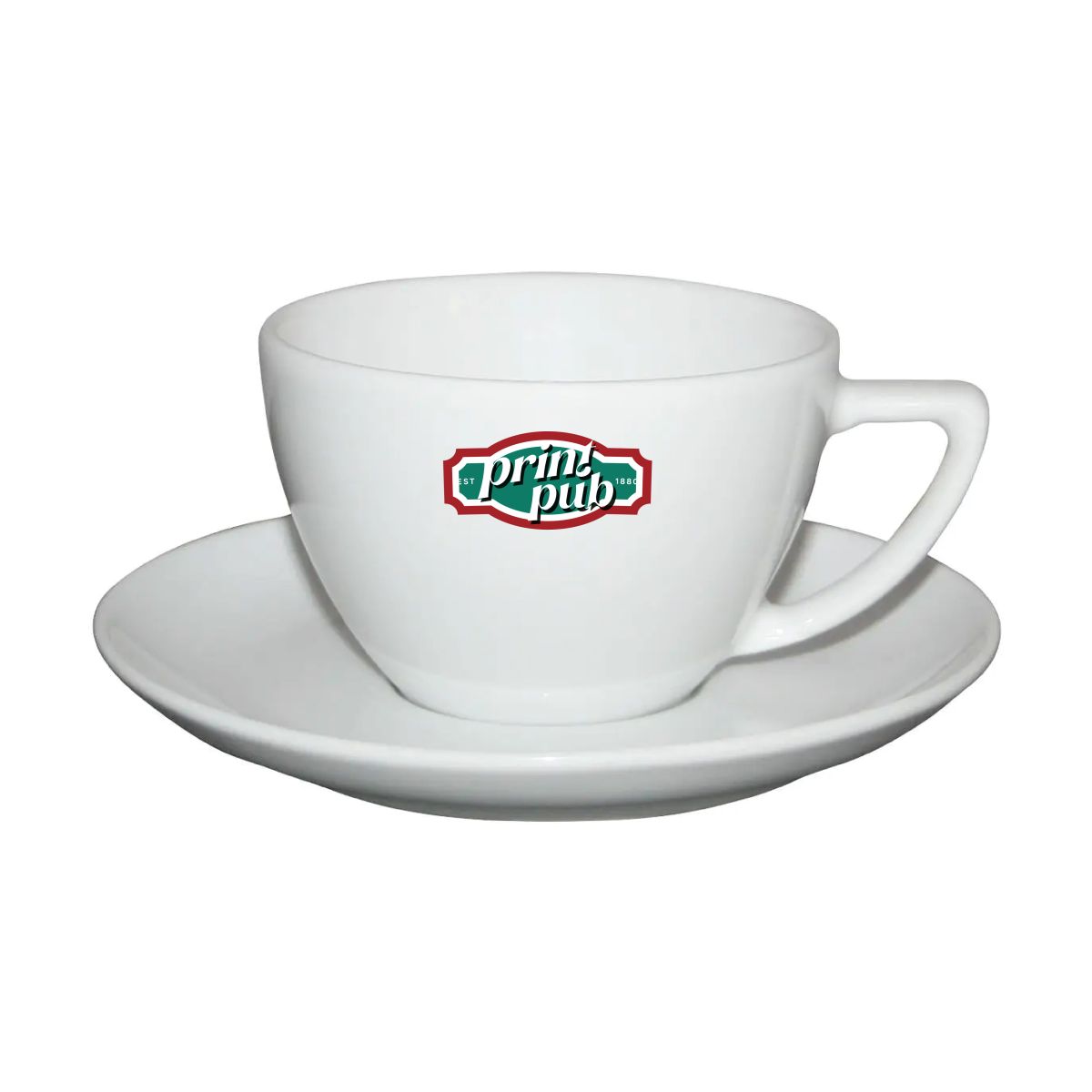 Classic Cappuccino porseleinset 20 cl. met meerkleurig PrintPub-logo aan de voorzijde van de kop.