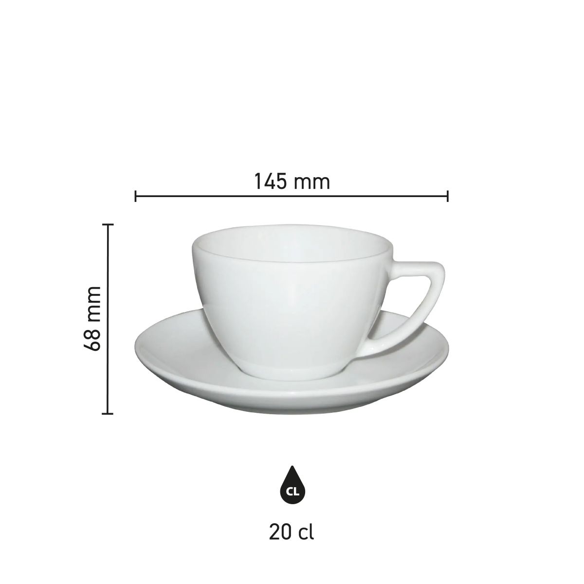 Infographic toont technische maatvoering van Classic Cappuccino 20 cl. porseleinen SET.