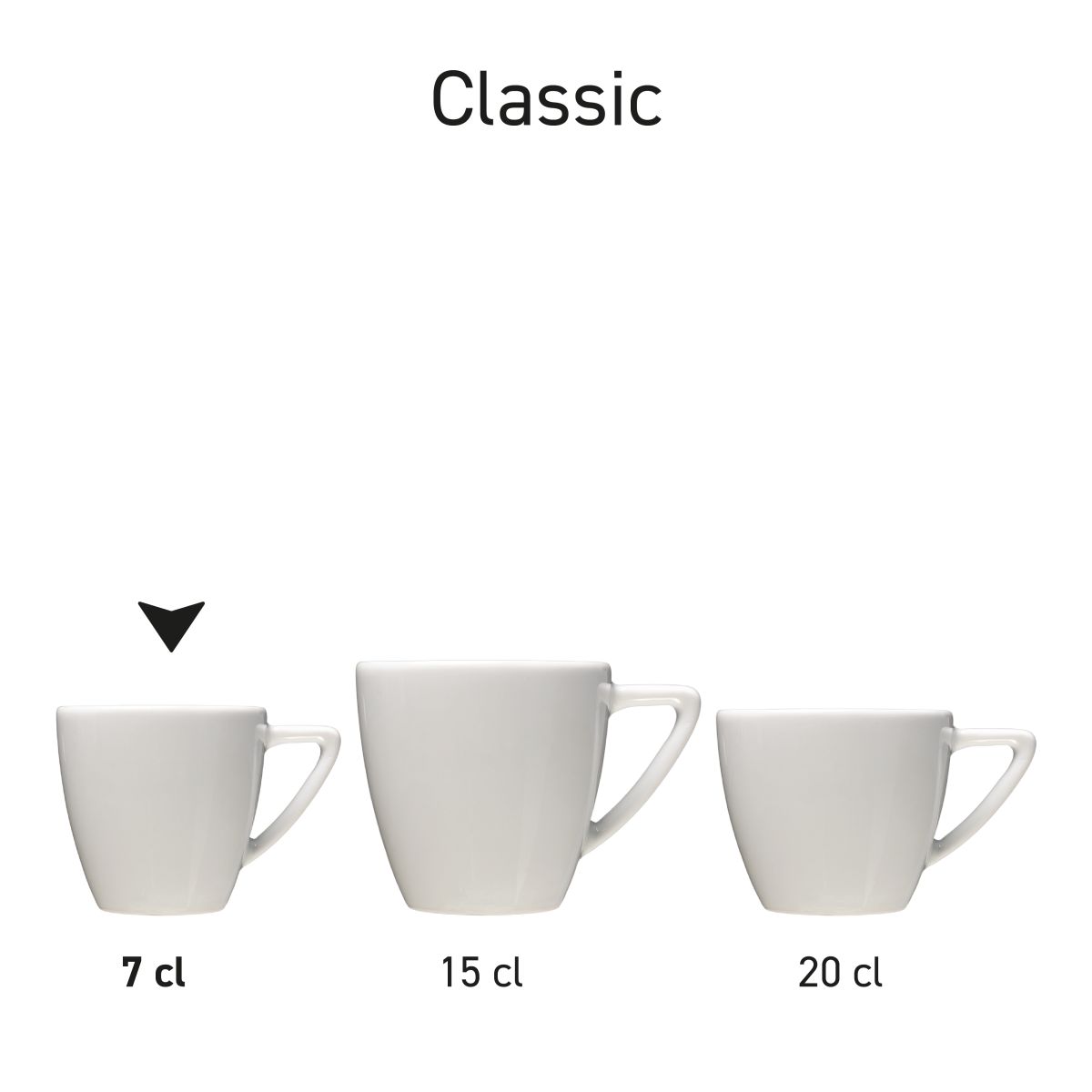 Serie Classic Espresso koppen in wit porselein, gepresenteerd in serie.
