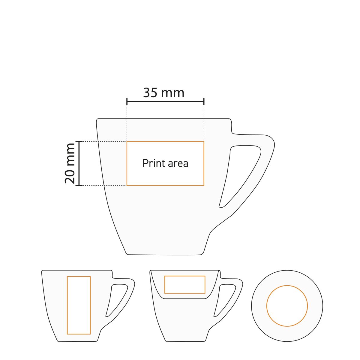 Technische werktekening met drukgebied van Classic Espresso wit 7 cl. SET porselein voor bedrukking.