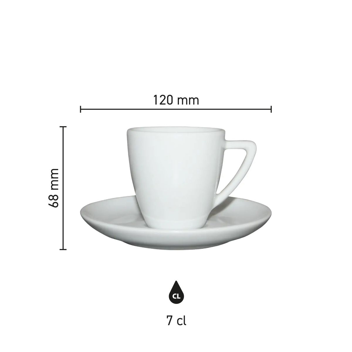 Infographic toont technische maatvoering van Classic Espresso wit 7 cl. SET porselein in millimeters.