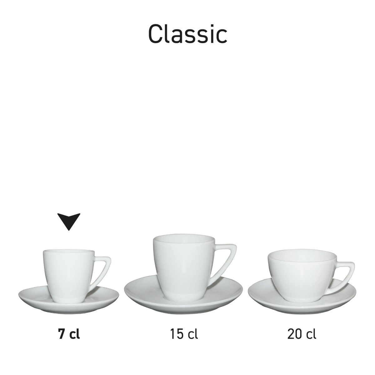 Overzicht van meerdere Classic Espresso sets wit als uniforme porseleinen SET gepresenteerd.