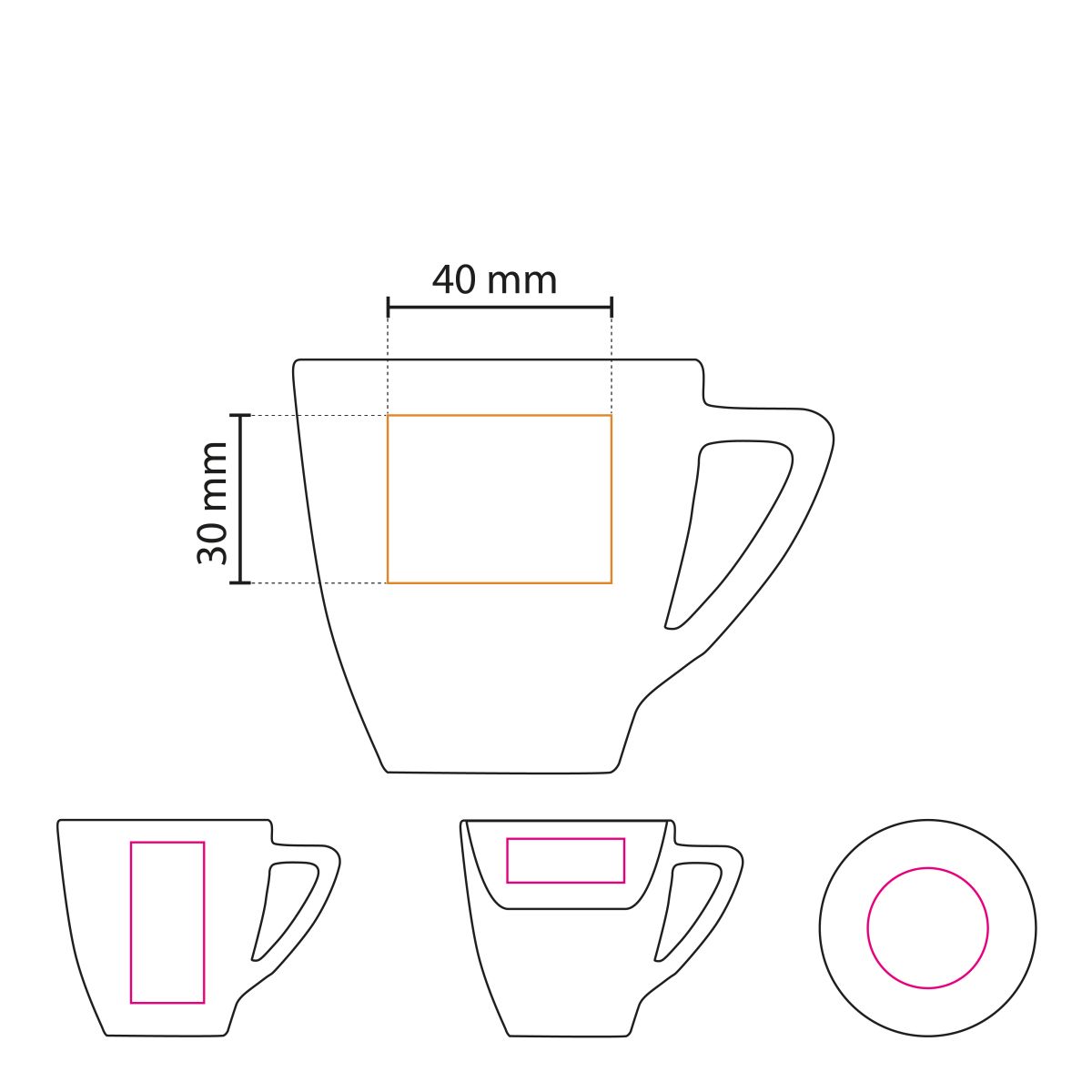 Technische werktekening toont drukgebied voor logo-opdruk op de Classic Koffie kop wit 15 cl.