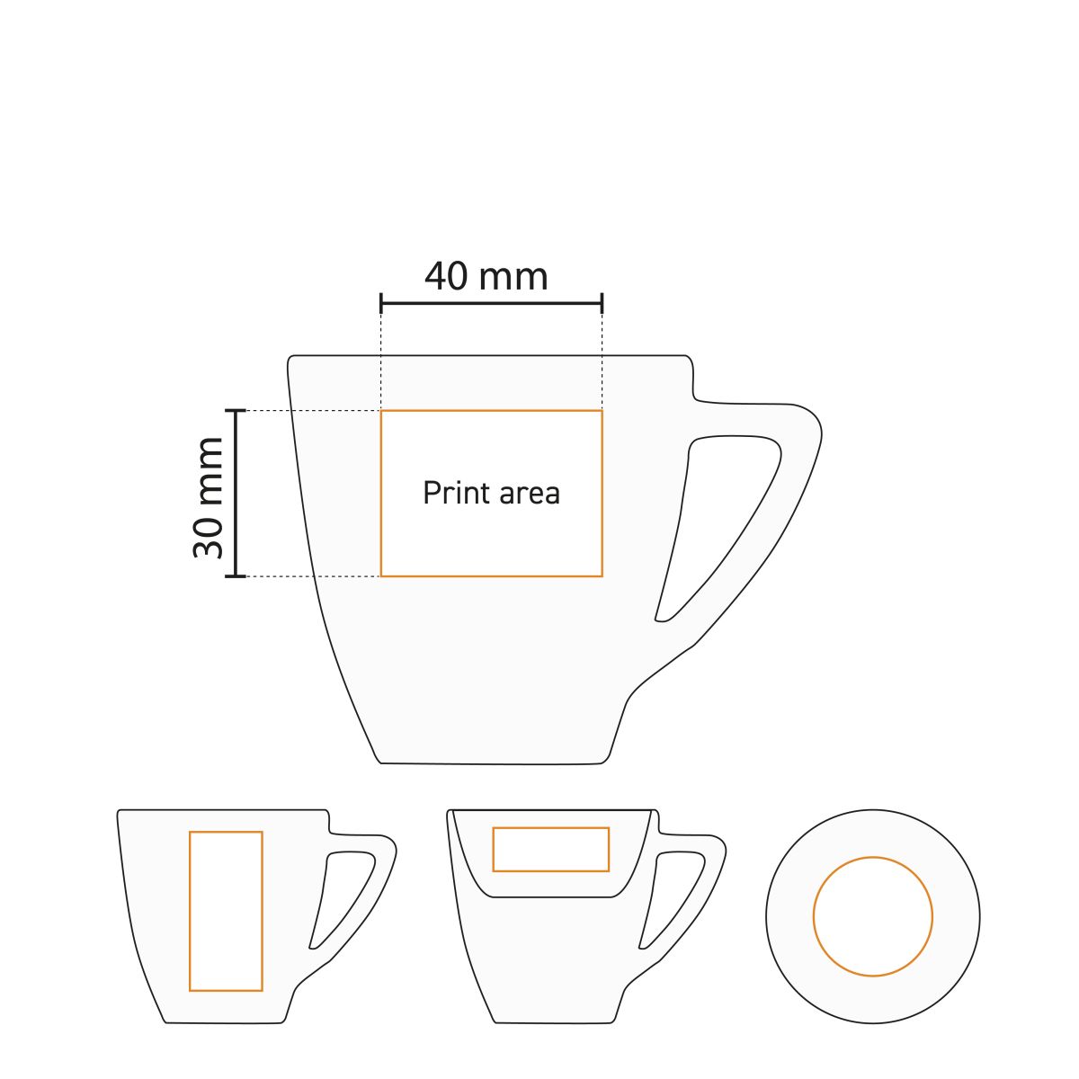 Gedetailleerde werktekening toont het drukgebied van Classic Koffie wit 15 cl. SET porselein.