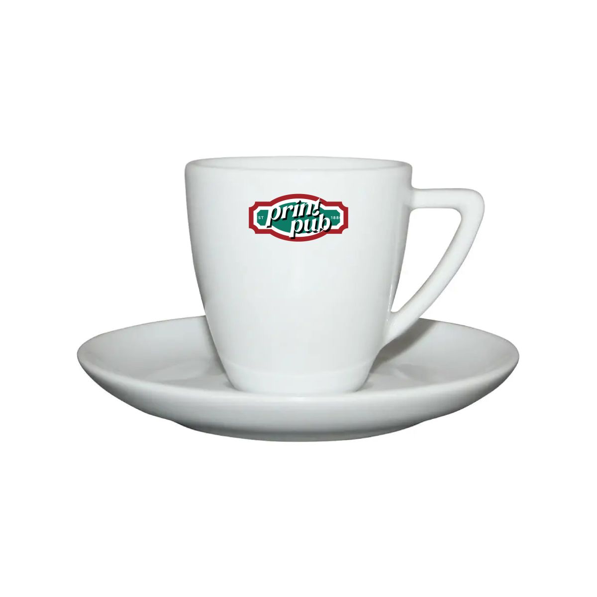 Classic Koffie wit 15 cl. set bedrukt met meerkleurig PrintPub-logo aan de voorkant.