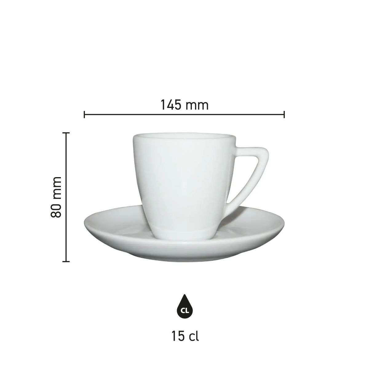 Infographic toont technische maatvoering van Classic Koffie wit 15 cl. SET porselein in millimeters.