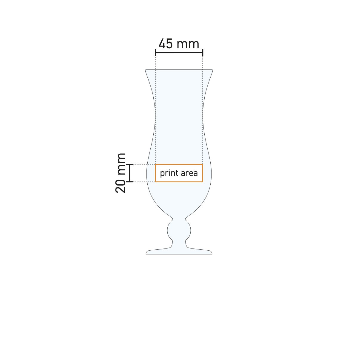 Technische werktekening met aanduiding van drukgebied op cocktailglas Blue Hawai 44 cl. glas.
