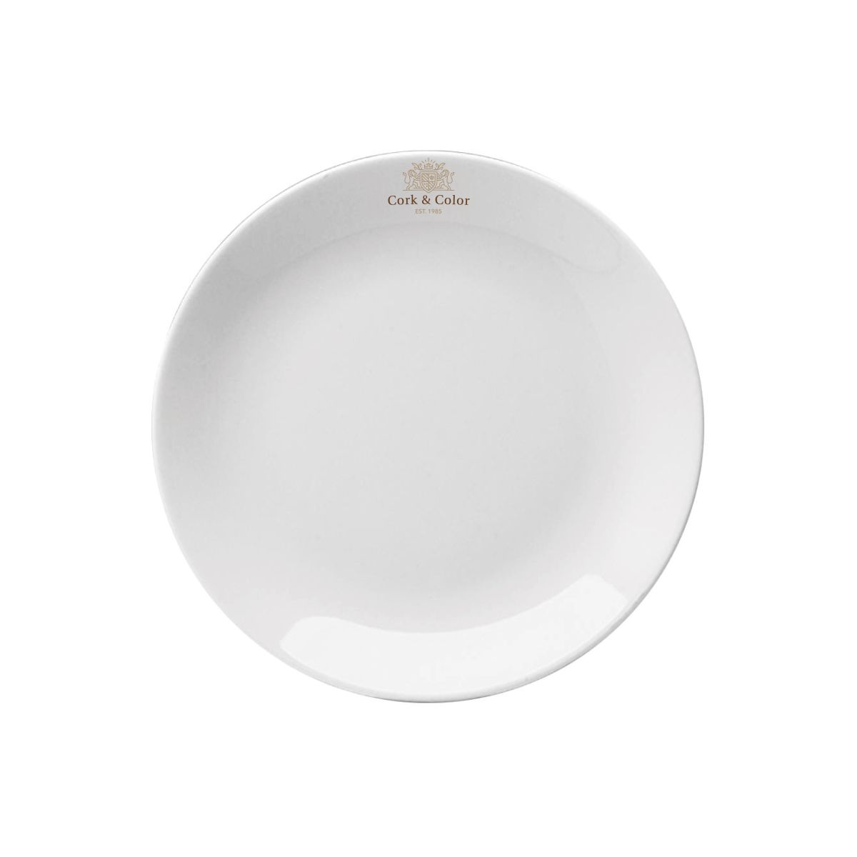 Wit porseleinen coupebord Hotel 17 cm voorzien van meerkleurig CorkColor-logo op het voorvlak.